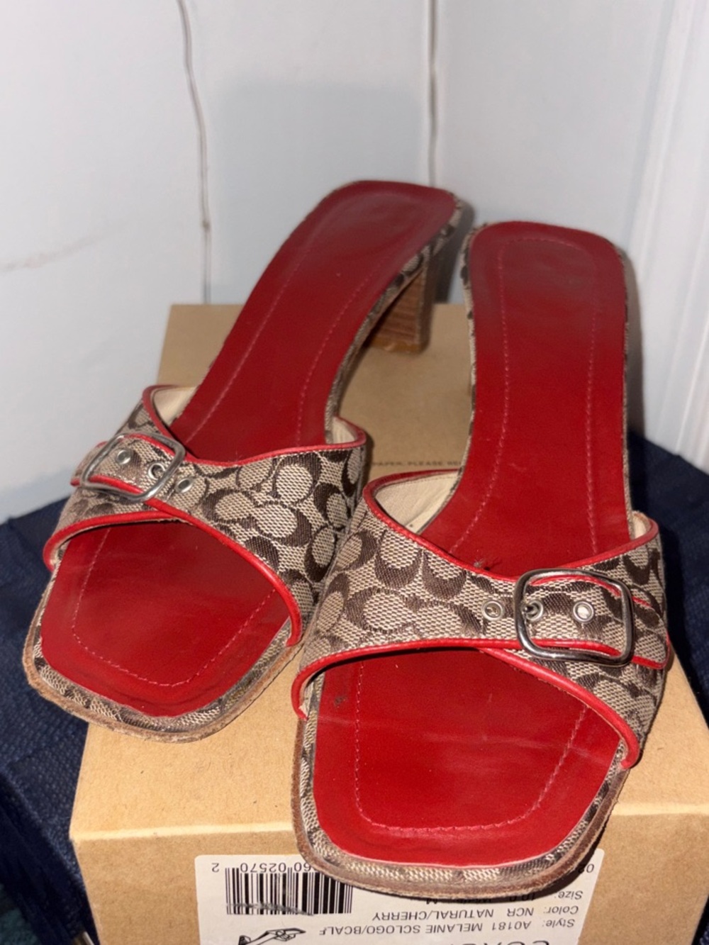 Vintage Coach Brown Signature Monogram Slide Sandals with Red Footbed